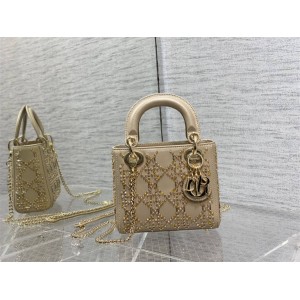 迪奥美国官网DIOR Lady限量金色珠子刺绣款三格戴妃包