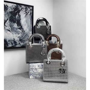 Dior/迪奥官网包包️Lady三格金属色藤格纹手提包戴妃包